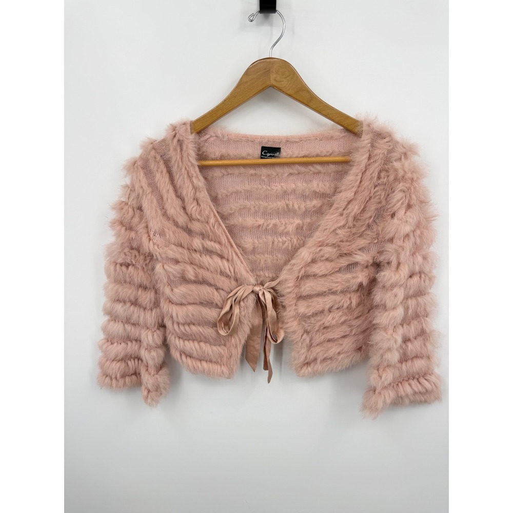 Cejon Genuine Rabbit Fur Bolero Shrug Women OS Pink Ribbon Tie Cropped Cardigan